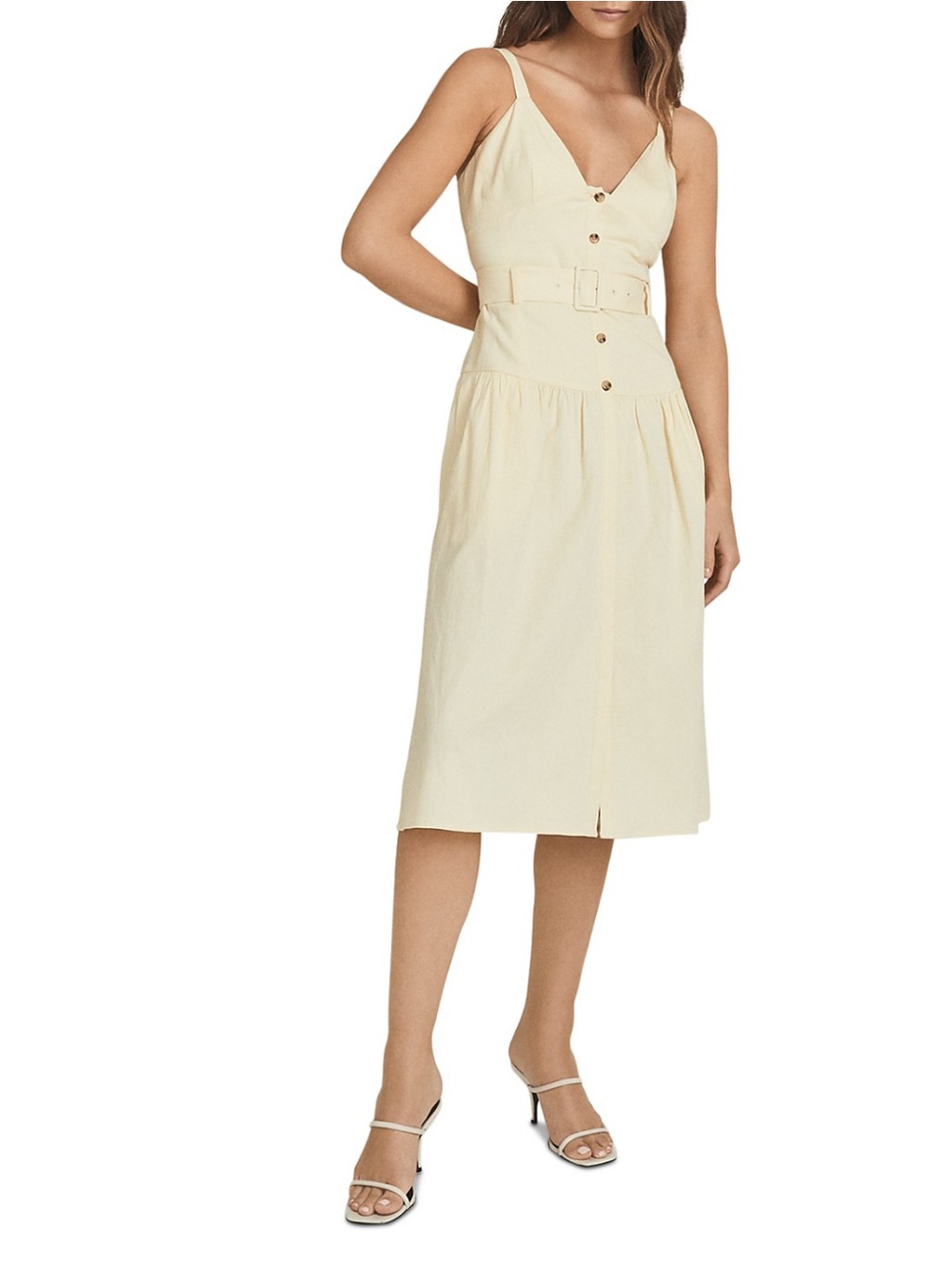 NWT NEVER WORN Reiss Cream V-Neck Belted Midi Dress